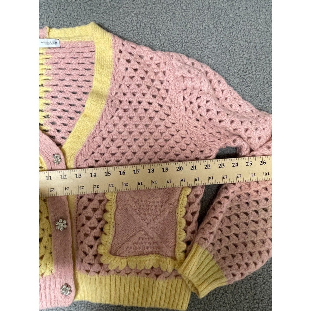 Zara Womens Cropped Chunky Knit Button Cardigan pink yellow medium - Picture 5 of 8